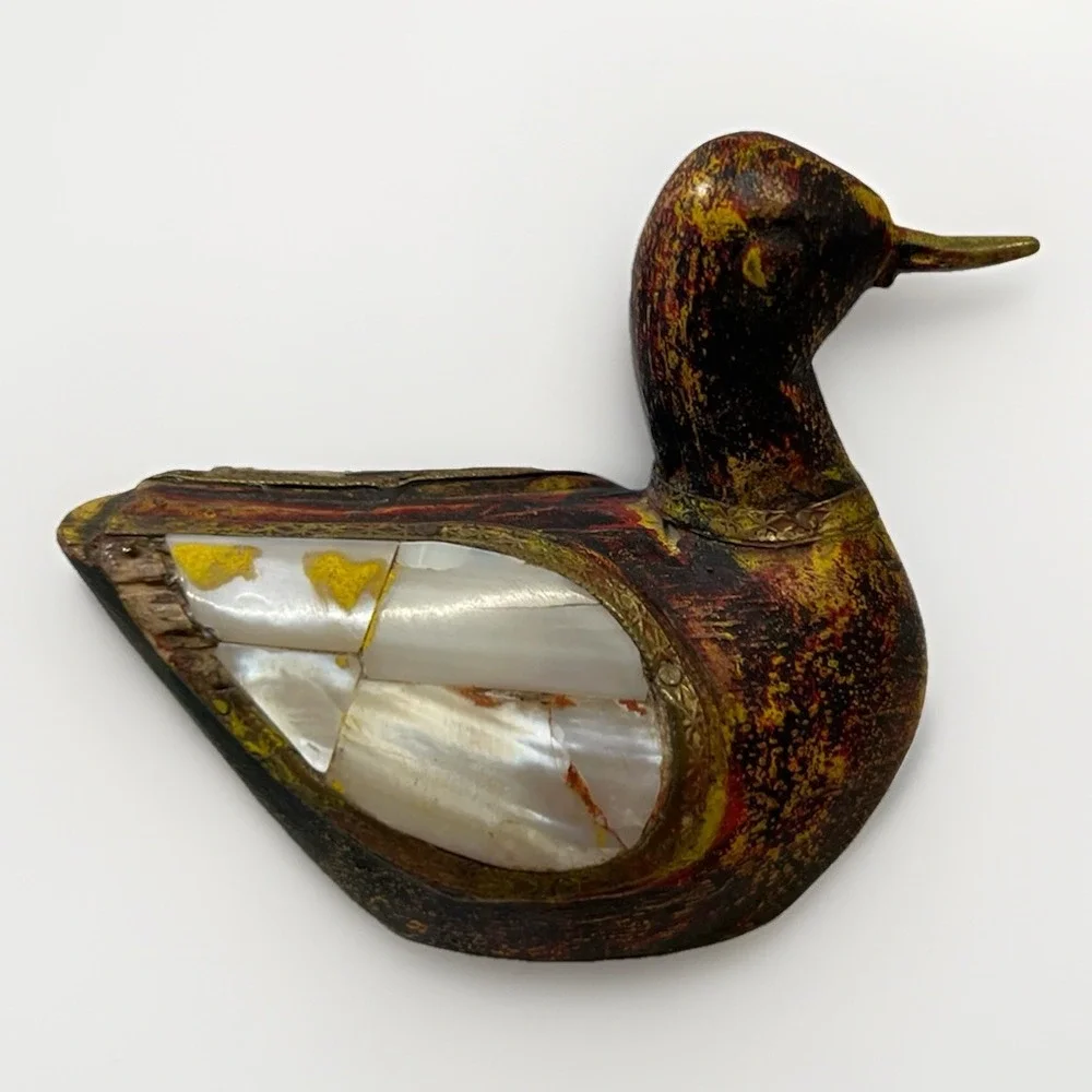 Vtg Set 2 Wood Handcarved Duck w/Brass & Pearl Decorative Inlays Charles Marcak